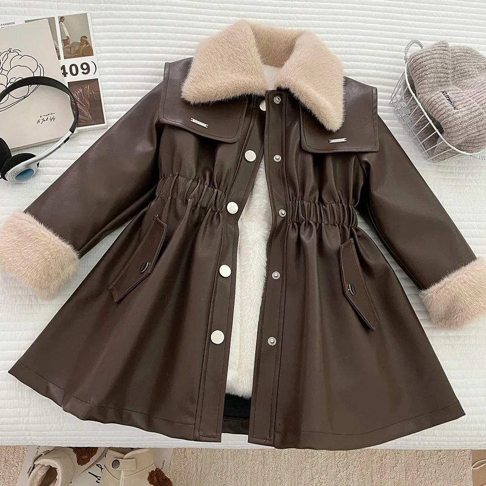 

Winter Childrens Girls Pu Leather Jackets Turn Down Collar Kids Baby Girl Outerwears Fleece Warm Toddler Infant Girls Denim Coat