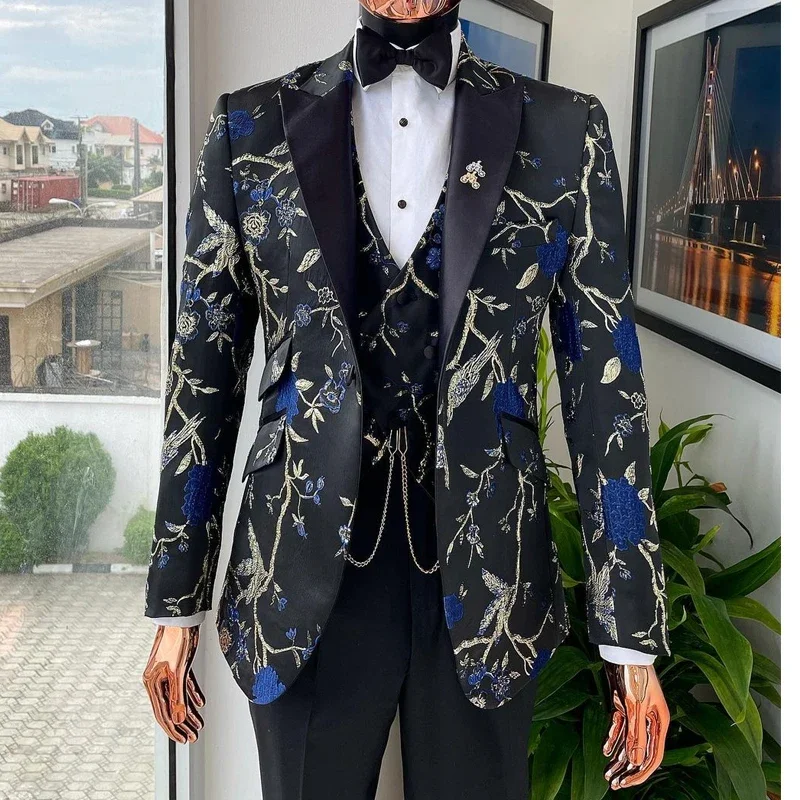 

Men's Jacquard Wedding Suits 2024 With Raven And Forest Pattern Custom 3 Piece Groom Tuxedo (Blazer + Vest + Pants)