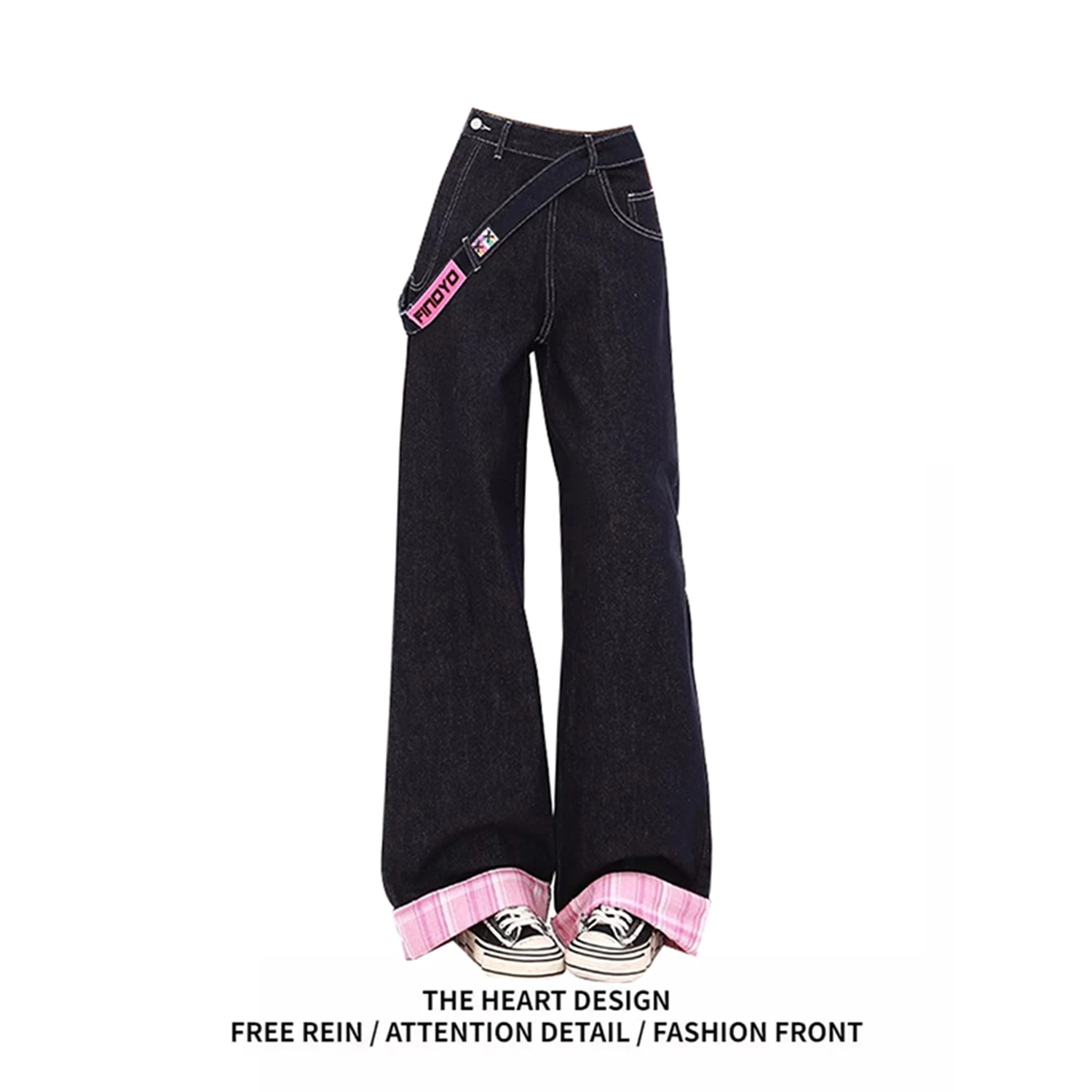 Y2K Women's Dark Denim Wide Leg Jeans New Fashion Plaid Cuffed Asymmetrical Strap Loose Casual Streetwear Trousers