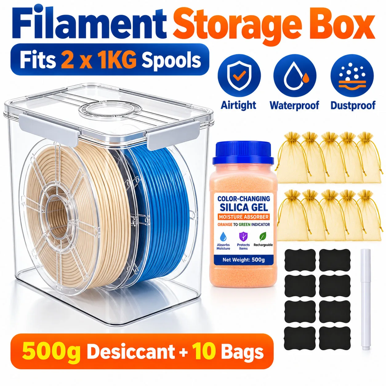 Filament Storage Box for 2×1KG Spools Airtight Waterproof Dry Box with 500g Color-Changing Silica Gel 10 Bags Labels