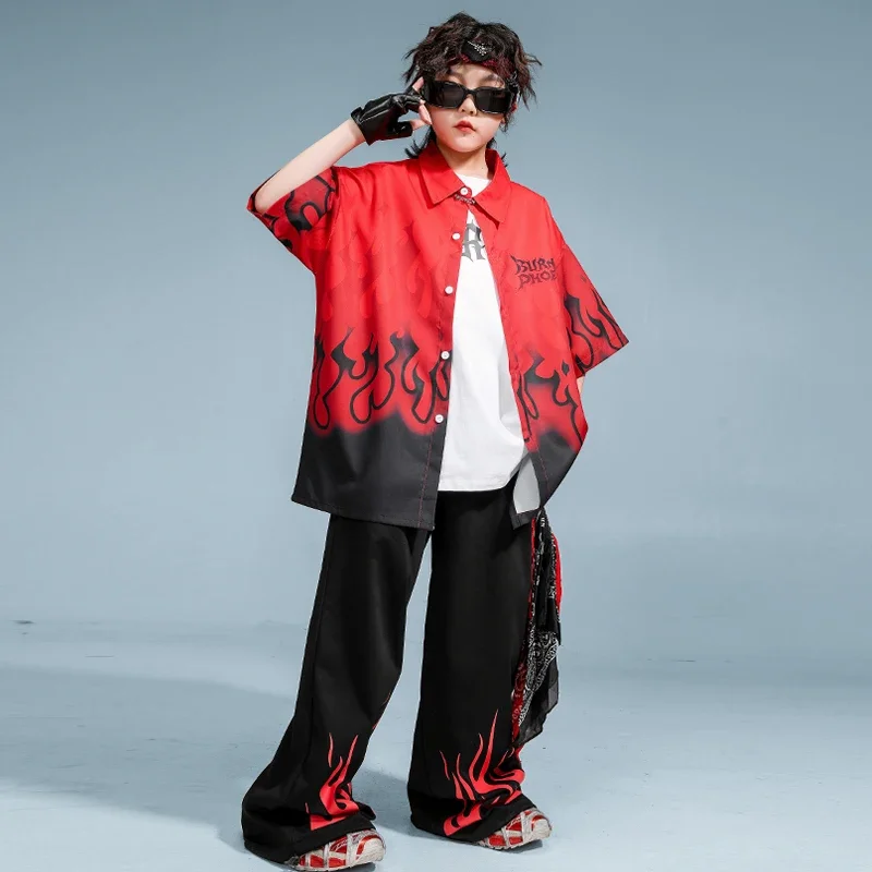Hip Hop Outfit Jungen Flamme Shirt Street Dance Jogger Hosen Mädchen Feuer Bluse Kinder K-pop Streetwear Kinder Kostüme Kleidung set