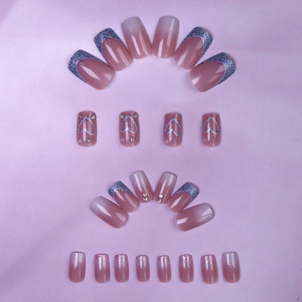 24pcs glitter press on nails short square love design fake press on nails 3D blue cute nail press on acyrlic nails unghie economiche