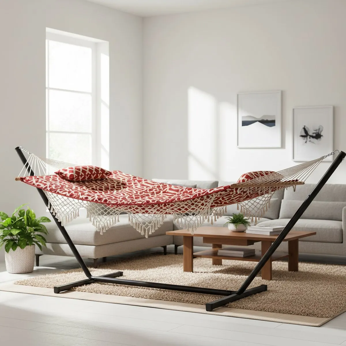 Large Red Rope Hammock with Steel Stand Portable Outdoor Lounger 450 lb