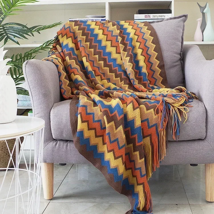 Bohemian Bed Blanket Knit Model Home Decoration, Colorful Striped Sofa Cover, Large Size Bedspread, Hotel Bed End Towel