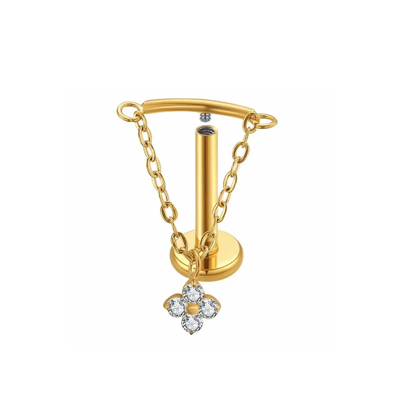 Titanium Piercing Labret Stud with CZ Flower Pendant Chain