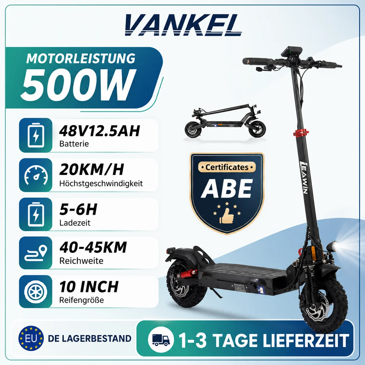 E-Scooter mit ABE für Erwachsene, 500W Motor, 48V 12,5Ah Akku, 10 Zoll Faltbarer Elektroroller, Vollfederung, Scheibenbremsen, bis zu 45 km Reichweite