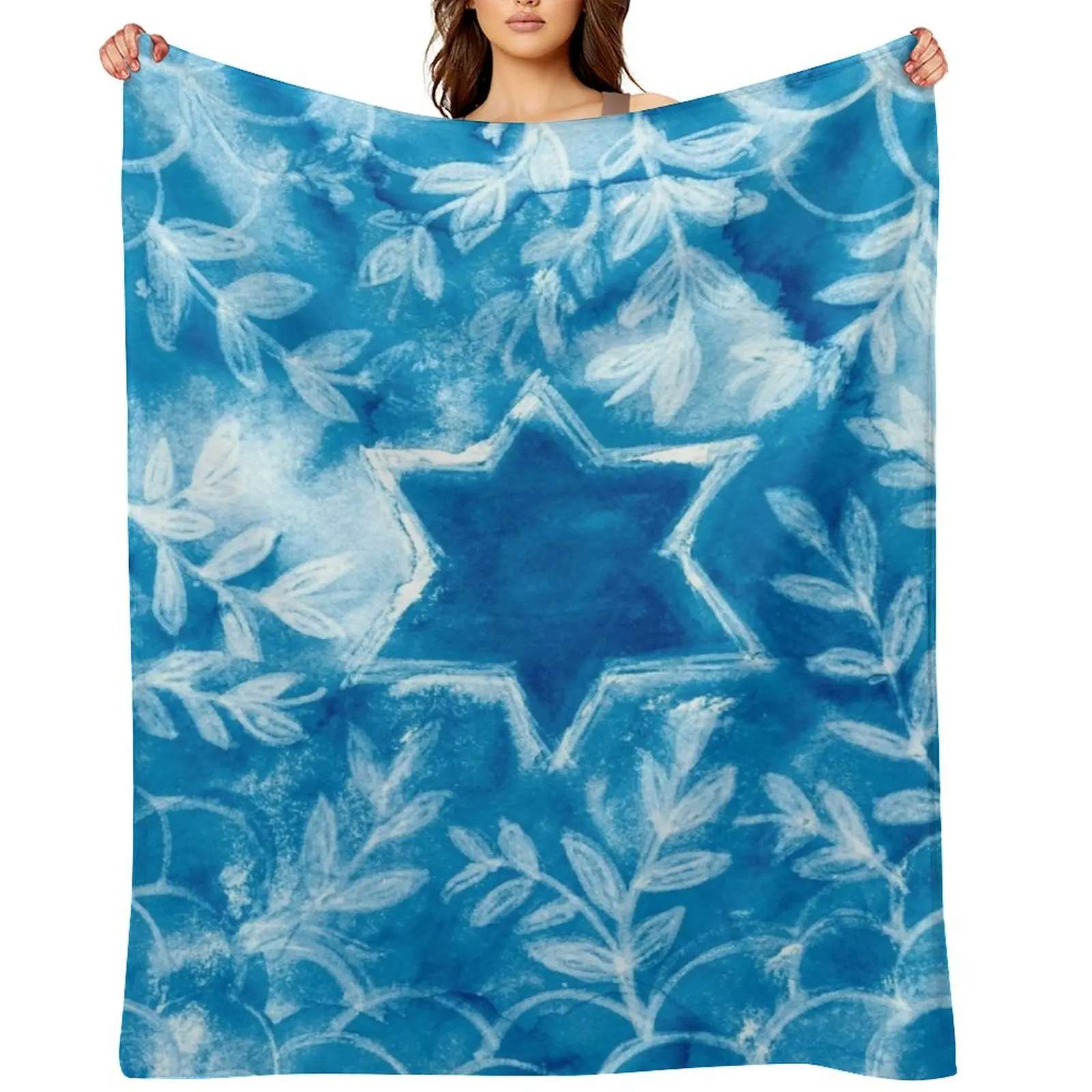 

Hanukkah Star, Round in Blue Watercolor with Floral White Ink Throw Blanket Bed linens Picnic Plaid on the sofa Sofas Blankets