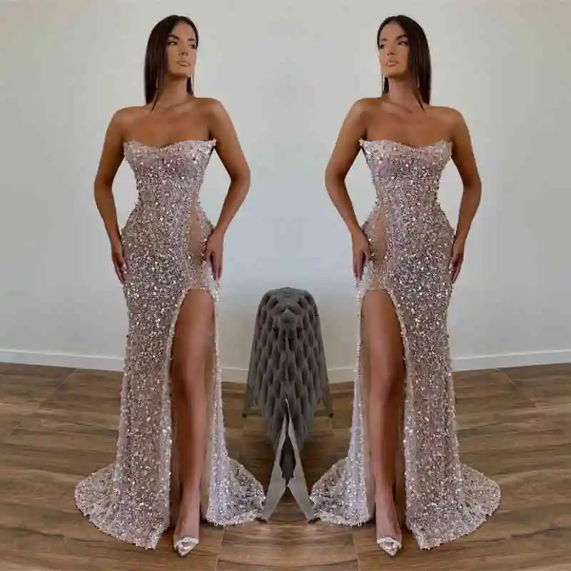 Chic Sequin Floor Length Strapless A-Line Front Slit Ball Gown Luxurious Sparkling Special Event Evening Gown فساتين السهرة