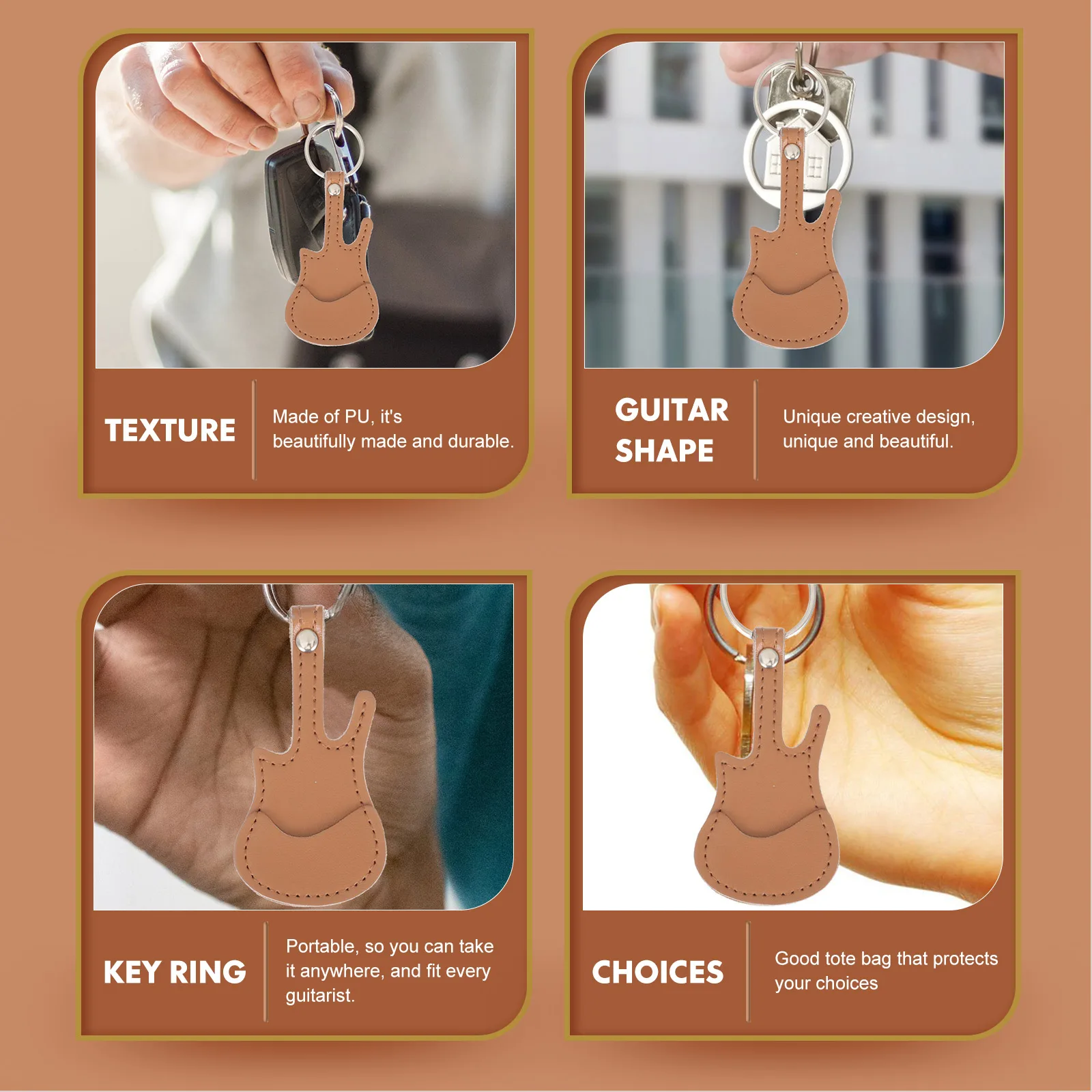 

Guitar Picks Case PU Brown Keychain Travel Accessories Plectrum Bag Storage Container Lightweight Durable Small Size