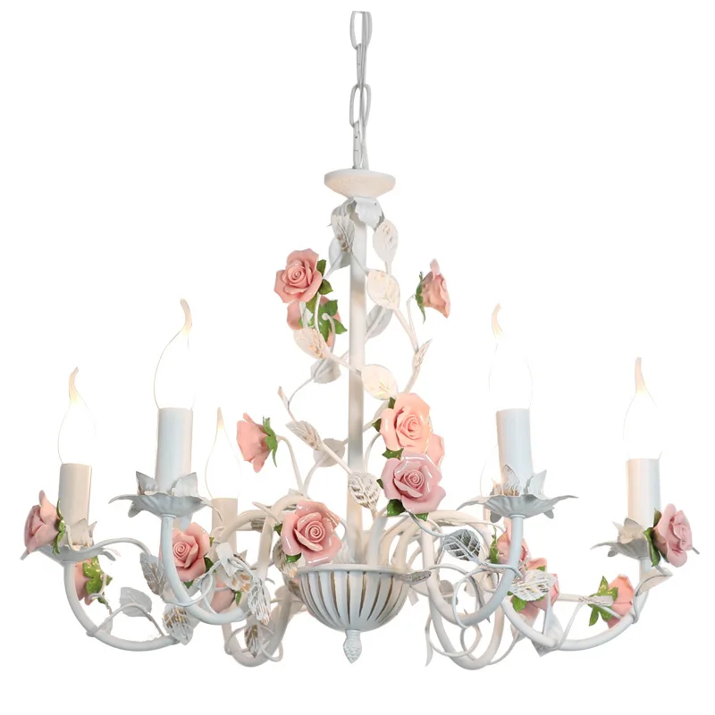 @Pastoral bedroom chandelier, living room, children's room, iron flowers and plants, warm retro princess style, fresh lamps