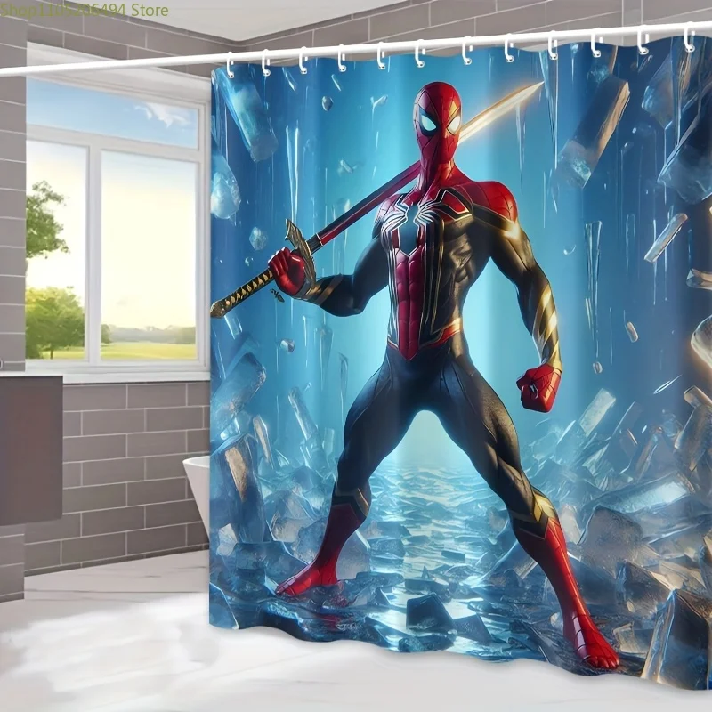 

Занавеска для душа с изображением Человека-паука - 180,34x180,34 см, 12 крючков, простая установка, прочный полиэстер, яркий красно-синий дизайн.