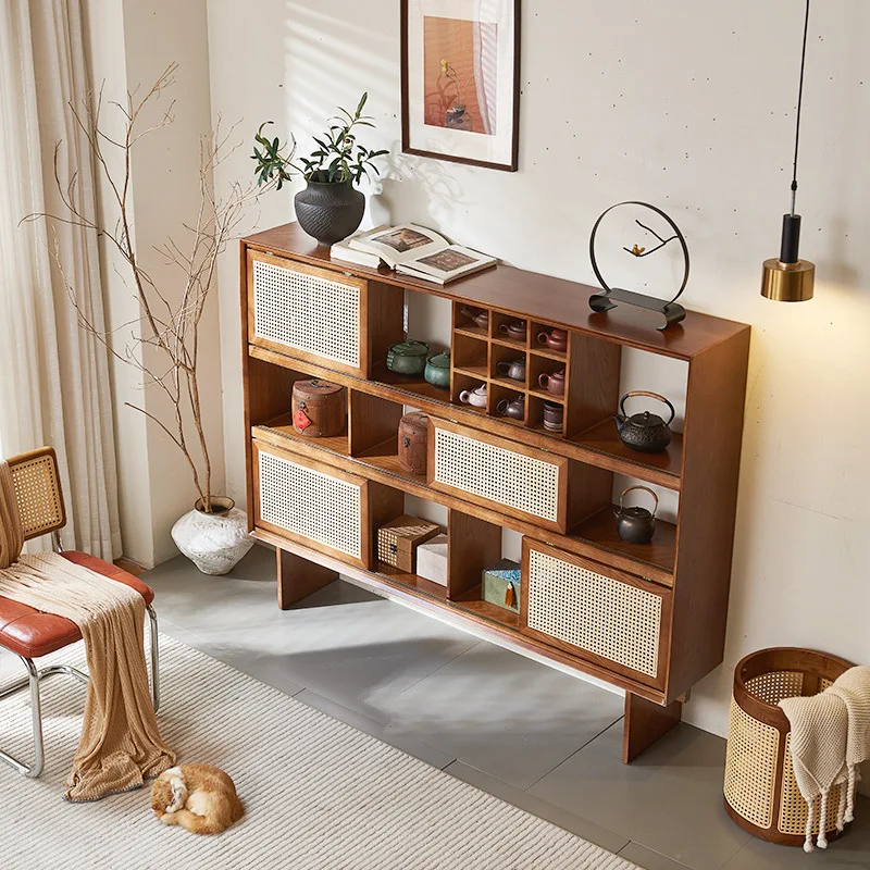 Vitrine für Teestube, Wandaufbewahrung aus Rattan