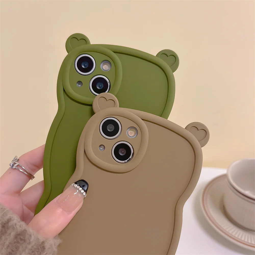 Schattige 3d Beer Oren Mat Siliconen Telefoonhoesje Voor Iphone 14 13 15 16 Pro Max 12 11 X X S Lens Beschermer Golfframe Schokbestendige Hoes