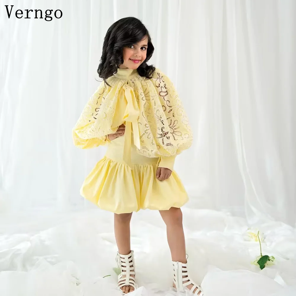 

Желтое креповое платье Verngo для девочек с цветами, с высоким воротом, длинными рукавами, А-силуэта, для вечеринок, детское церемониальное платье, на заказ
