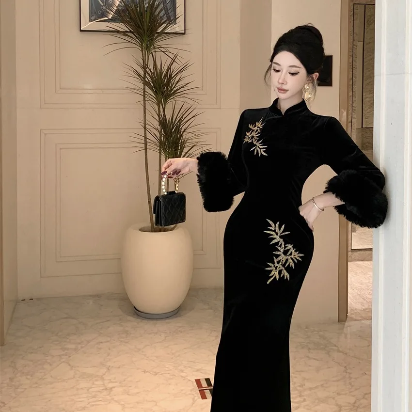 Ele Cappotto in velluto ricamato Sve Bell aped Dr Vita snellente Lungo Sve Midi Qipao Dr per giovani donne