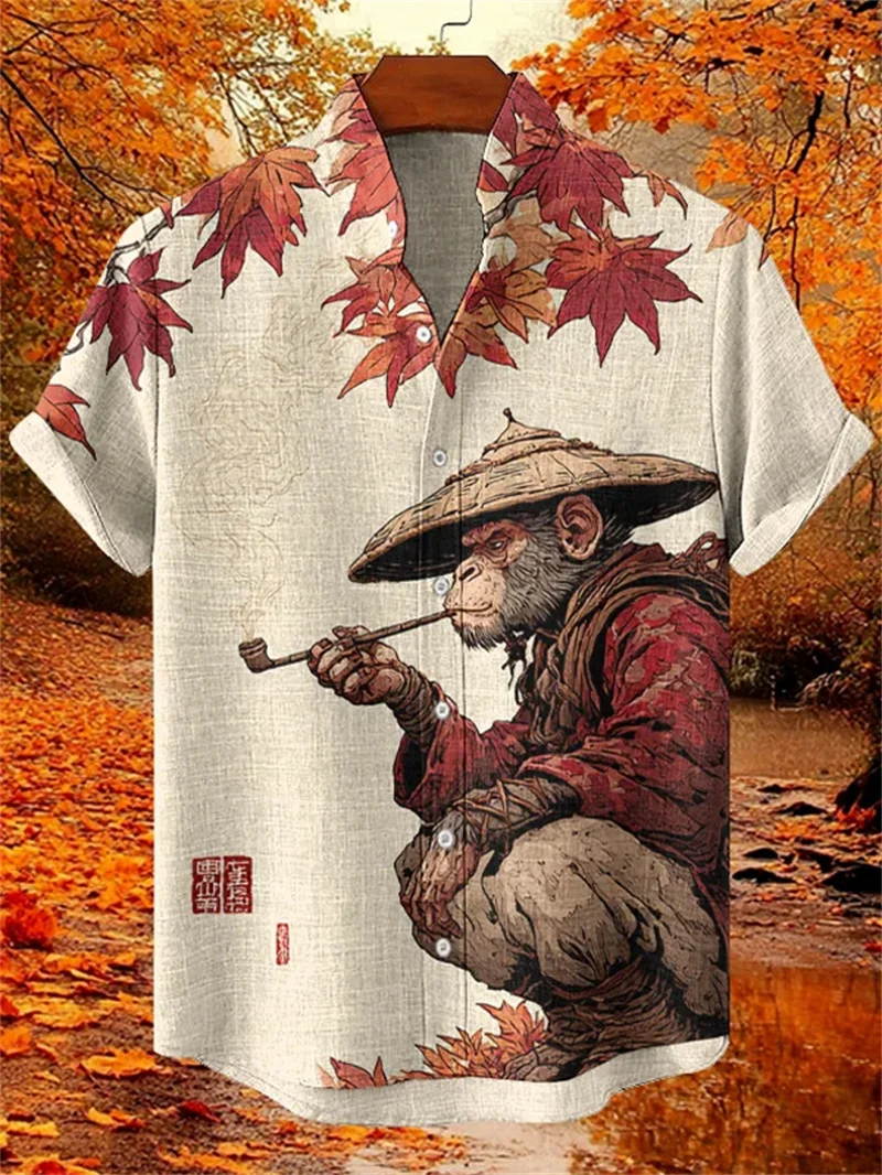 New Men's Samurai Hawaiian Shirt 3D Wave Print Casual Short Sleeve Top Loose Costume Fashion Vintage Shirt