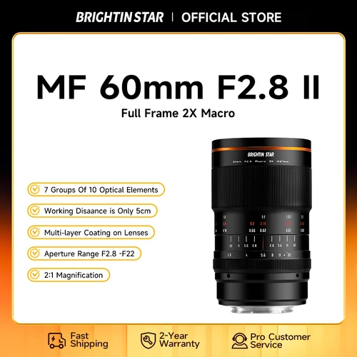 Brightin Star 60mm F2.8 II 2X aumento Macro enfoque Manual lente de cámara sin espejo para Sony E, Canon RF,Nikon Z,Fuji XF