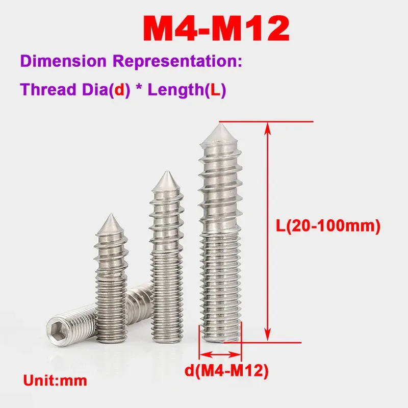 

304 Stainless Steel Headless Connecting Threaded Rod Hex Socket Self Tapping Screw Double End Pointed For Precision RepairM4-M10