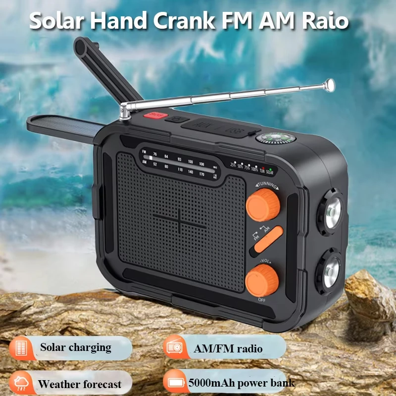 

Mini Portable FM AM Radio Solar Charging Hand Crank Emergency Radios IPX4 Waterproof Highlight Reading Lamp 5000mah Power Bank