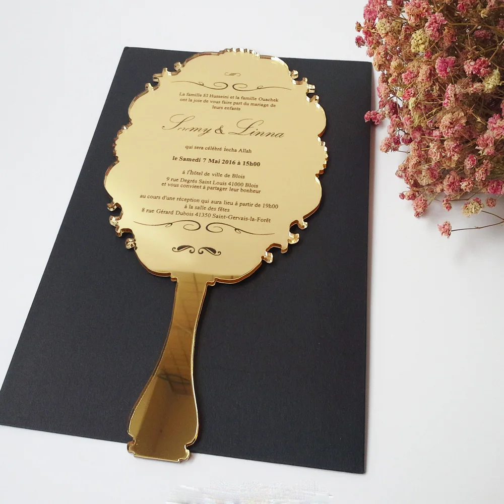 Invitación de boda acrílica dorada personalizada, tarjetas de menú de invitación de fiesta con impresión de una cara