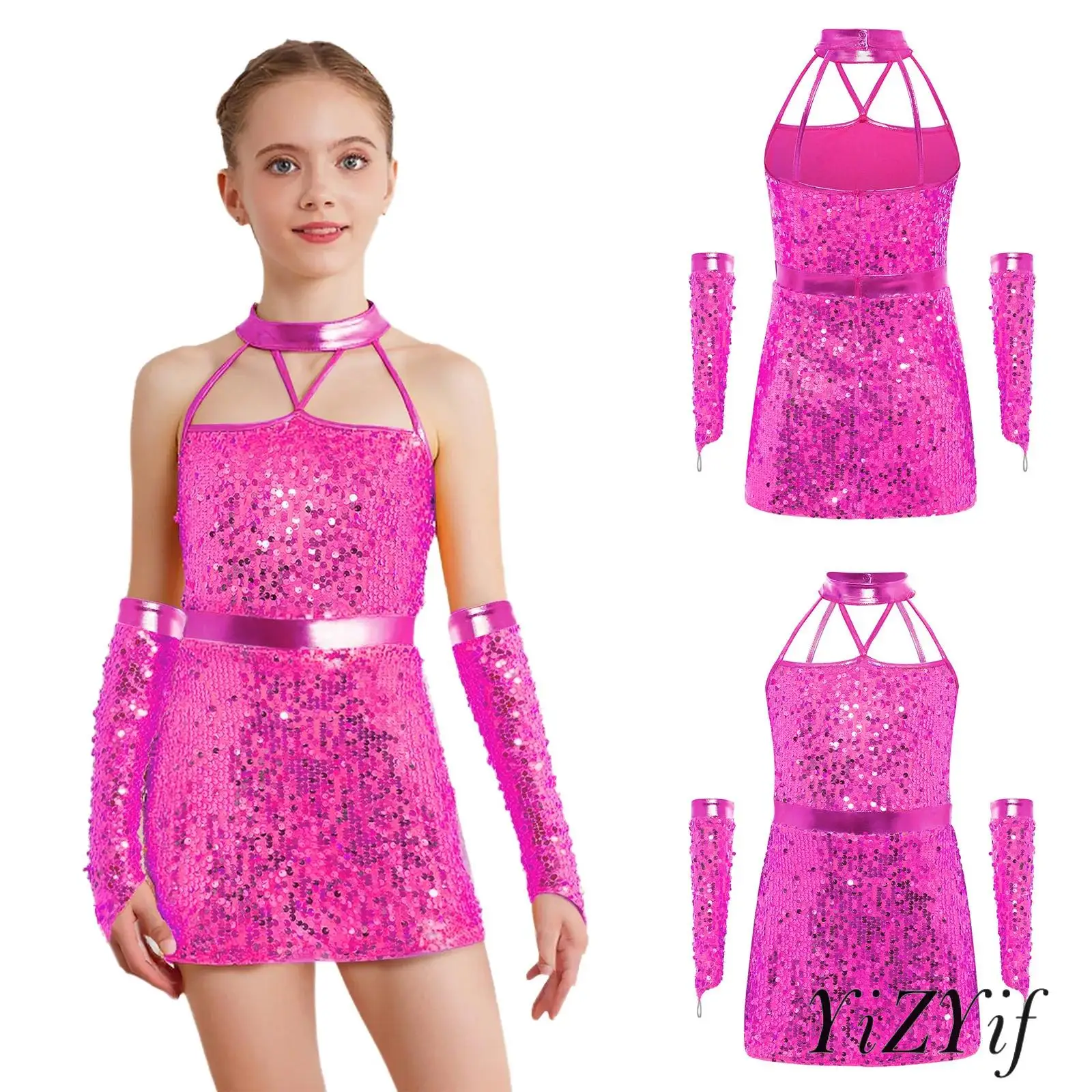 

Girls Disco Jazz Dance Dress Outfit Halter Strappy Sleeveless Sparkling Sequins Dress with 1 Pair Gloves Princess Party Dresses