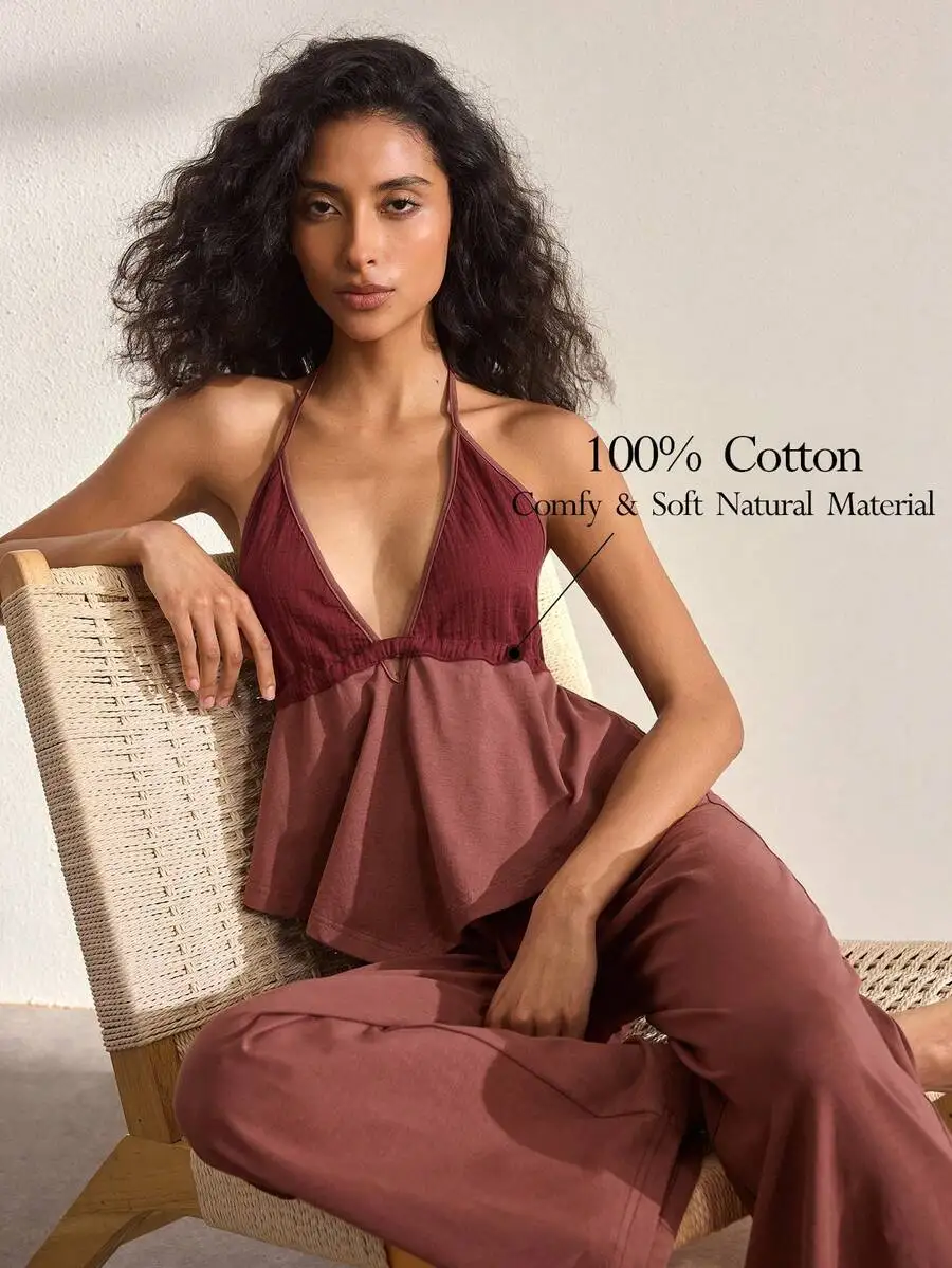 

Womens Ruffled Hem Halter Top And Pants Pajama Set 100% Cotton