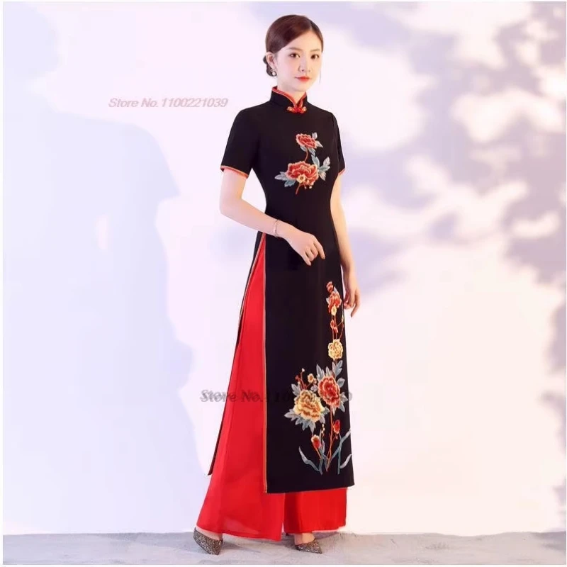 ﻿ 2025 آو داي فيتنام فستان تقليدي تحسين شيونغسام فستان شرقي + فستان أطفال مع سروال داخلي فستان تشيباو الشعبي الوطني المطرز بالزهور