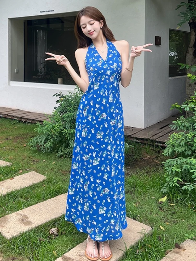 Robe française élégante pour femmes, bleu, motif Floral, col en v, sans manches, col licou, robe d'été, plage, vacances tropicales, mi-longue, 2025