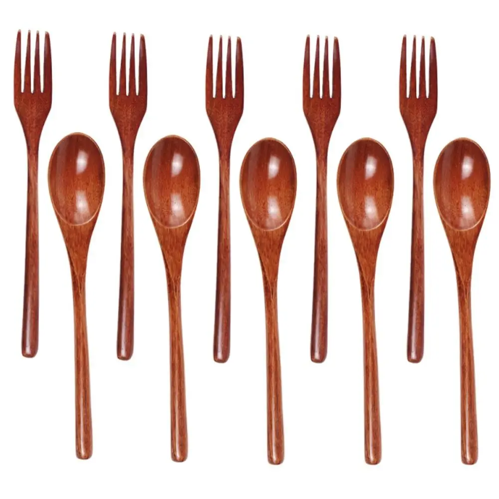 10Pcs/Set Food-grade Forks and Spoons Set Smooth Natural Portable Cutlery Set Non-slip Simple Service Spoon Kit Dining Utensils