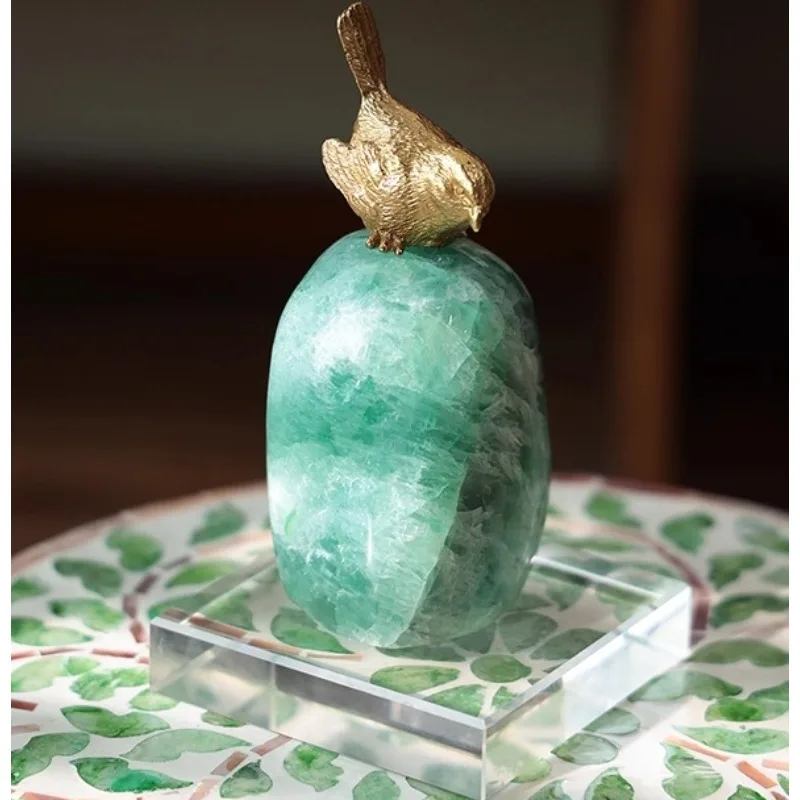 European Style Desk Ornament Living Room Porch Natural Crystal Brass Sparrow Statue Office Decorative Art Home Decoration