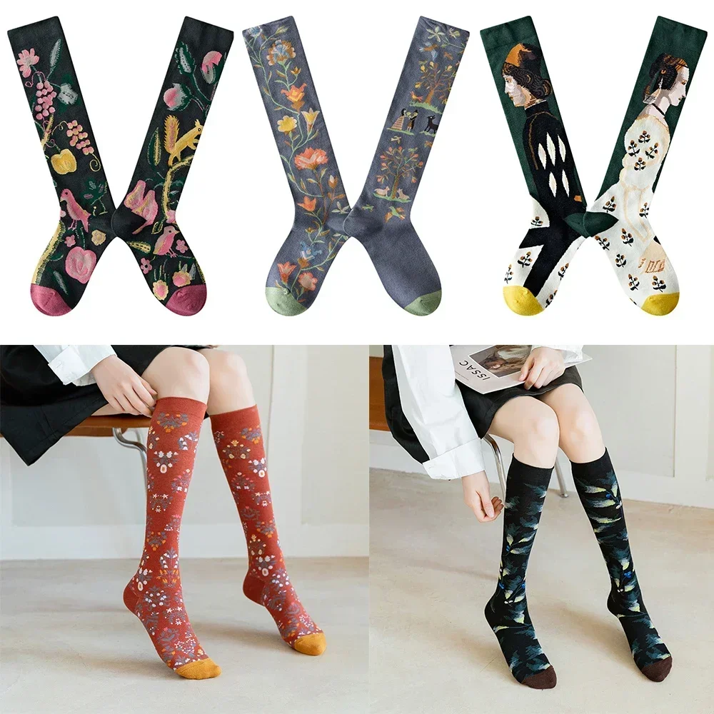 Socks Women\'s High Tube Calf Knee-length Socks Retro Illustration Art Abstract Street Autumn and Winter Cotton Socks High Sock