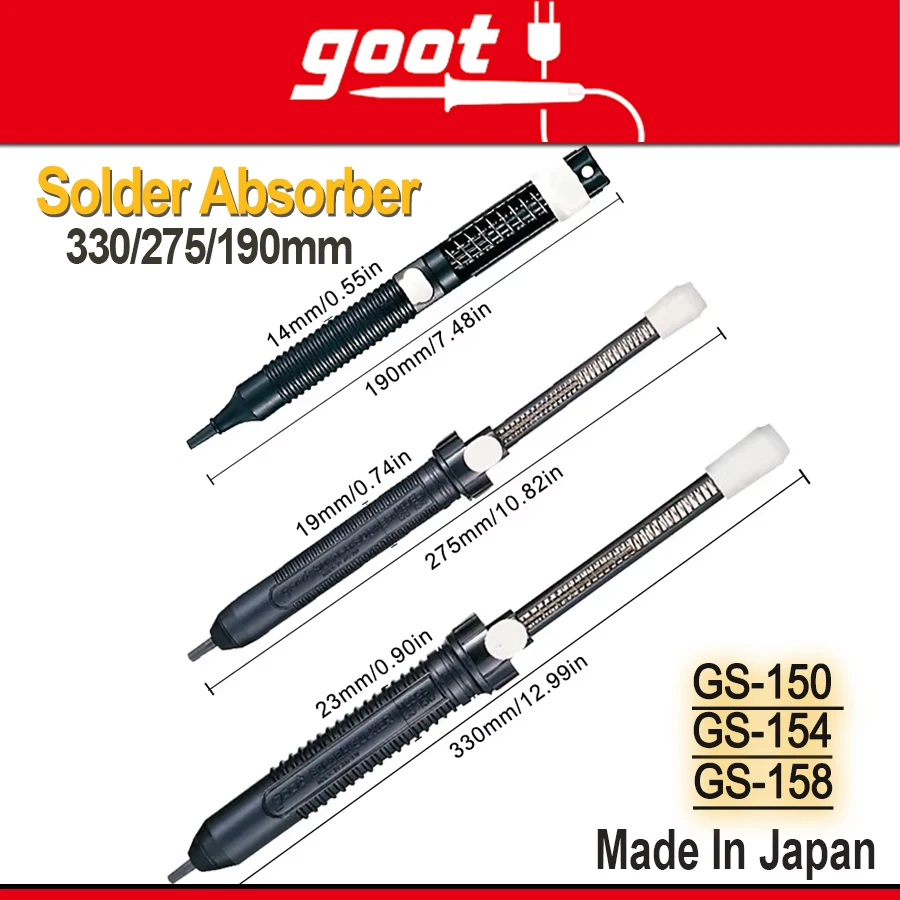 GOOT GS-150/154/158 Solder Absorber 330/275/190mm Desoldering Sucker Anti Static Made in Japan Welding Tool