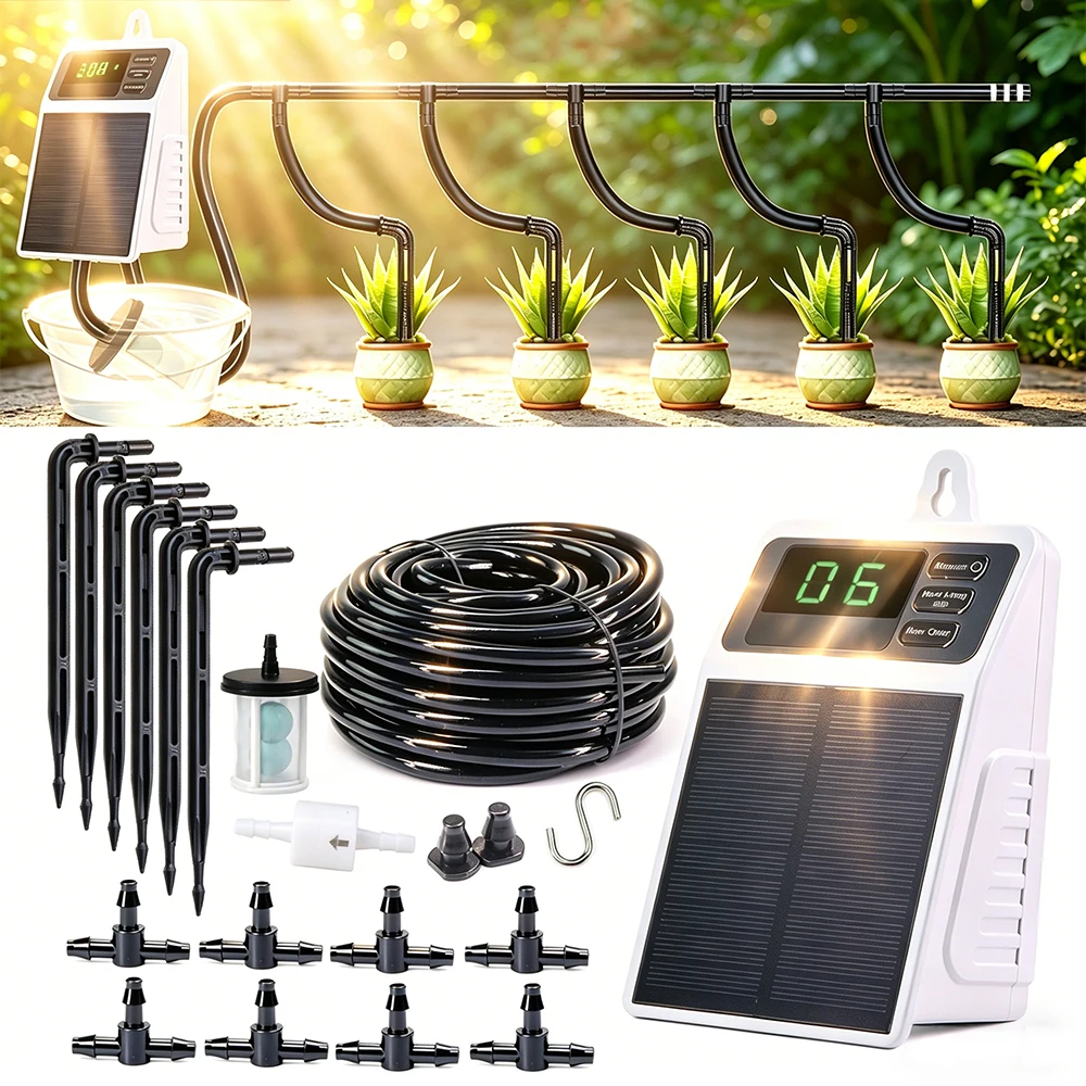 Solar Power Pump Timer Automatic Drip Irrigation System for Garden Pot Plants Timed Watering Kit Bend Dropper Water-Saving Drip