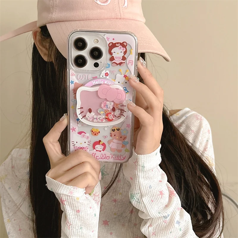 Cute Hello Kitty Cartoon Magsafe Wireless Charge Phone Case For iPhone 11 12 13 14 15 16Pro Max Kitty Shake Magnetic Stand Cover