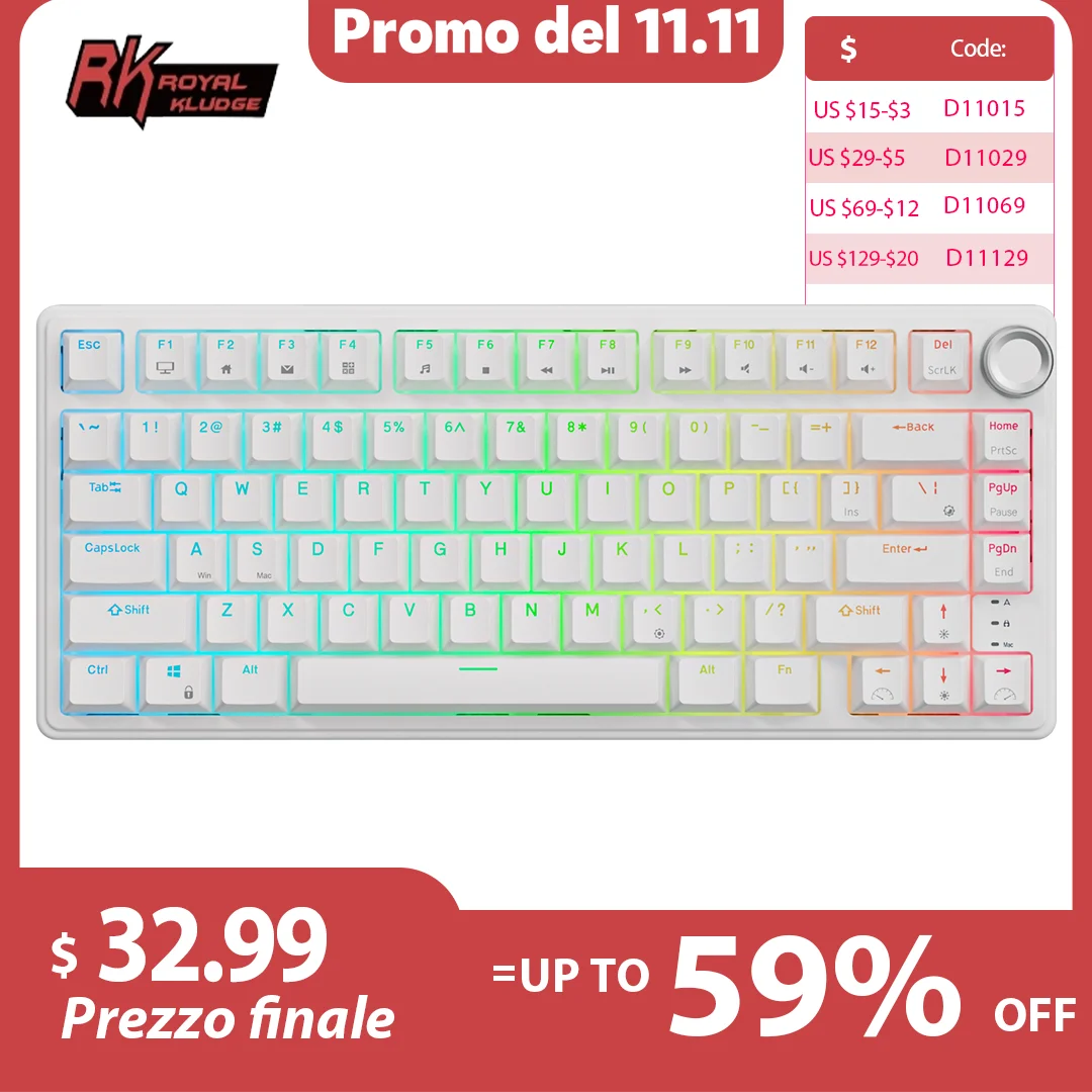 

RK Royal Kludge R75, английская механическая клавиатура, 81-клавишная прокладка с возможностью горячей замены, проводная игровая клавиатура RGB с колпачками из ПБТ