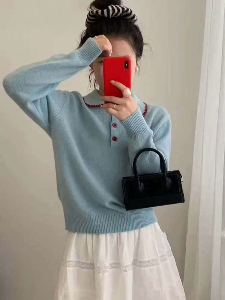 한국 초가을 패션 고급스러운 컬러 블록 인형 칼라 니트 스웨터 여성용 루즈핏 부드러운 신상 2025 슬레 롱 스웨터