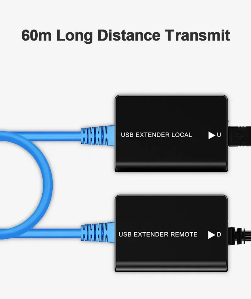 Extensor USB RJ45 sobre Ethernet, Cable Cat5e Cat6 a conexión de Cable de red USB de 60M, compatible con unidad Flash USB, ratón y teclado