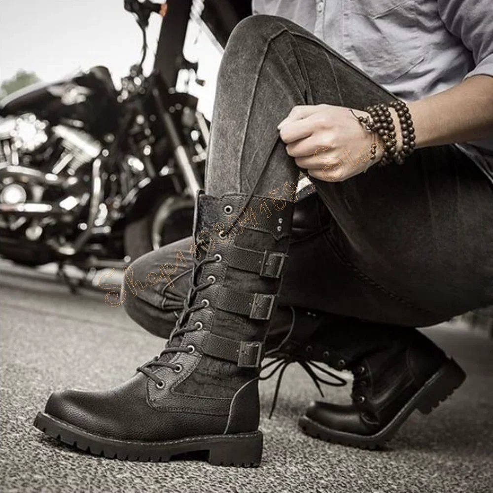 

Black Buckle Decor Lace up Men's Boots Round Toe Mid Calf Matte Leather Fashion Shoes for Men 2025 Size 47 Zapatillas Mujere