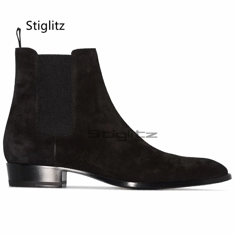 Black Suede Elastic Chelsea Boots Men Classic Low Heels Business Casual British Style Slip On Ankle Boots Autumn Dress Shoes