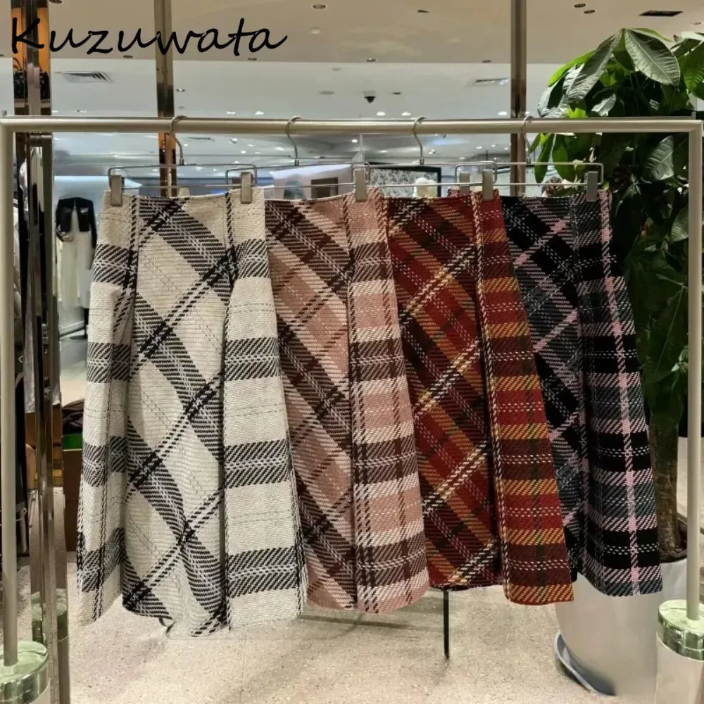 Kuzuwata Winter New High Waist A-line Ruched Plaid Skirt Mid-length Tweed All-match Women\'s Falda Japan New Slim Literary Faldas