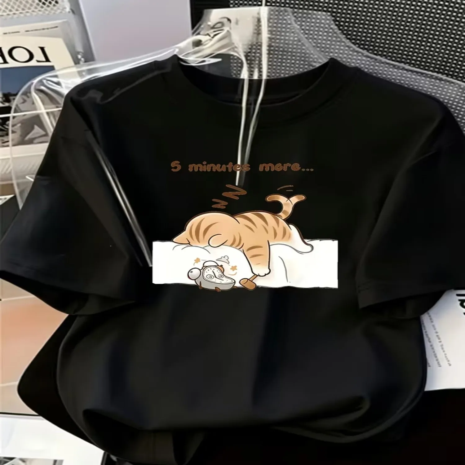 Summer Round Neck Short Sleeve T-Shirt, _Sleeping Cat_ English Letter Print, Suitable for Summer, Beach, Street, Casual, Work, Office Parties, Outings, Carnival, Music Festivals, Valentine'S Day Short Sleeve T Shirt, Birthday Gift Tee