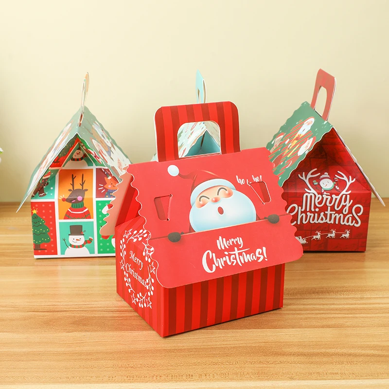 

5pcs Christmas House Shape Candy Boxes Santa Claus Snowman Elk Cookies Gift Packing Box Merry Xmas Home Decoration New Year Noel