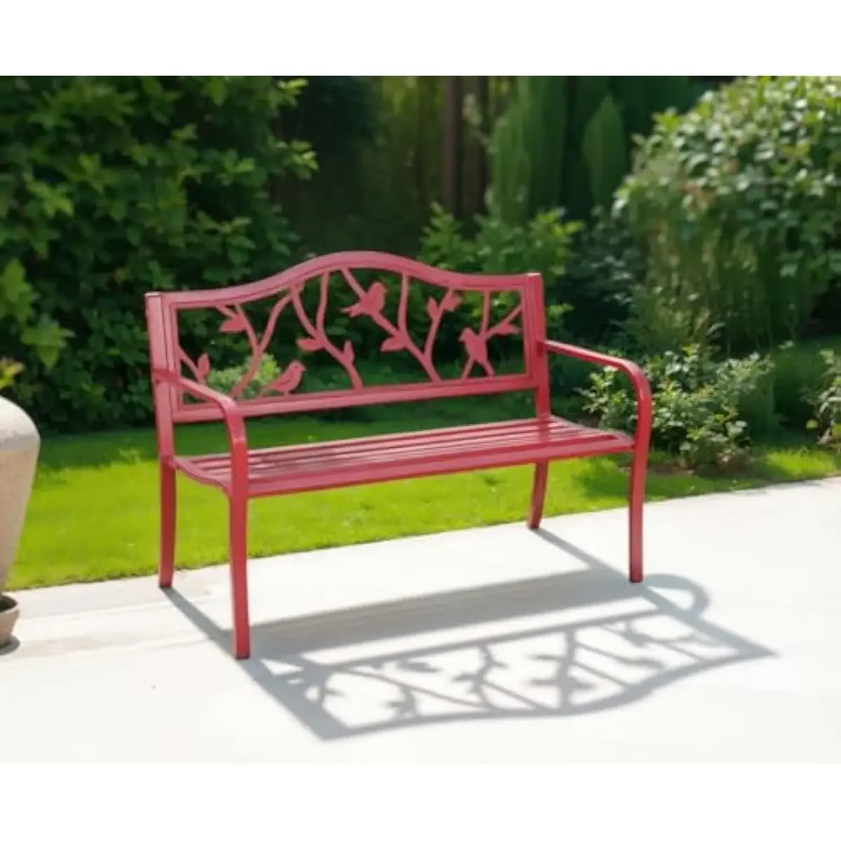 50 inch outdoor steel bench with rustic red bird motif backrest weatherproof e-coated alloy frame classic garden patio seating f