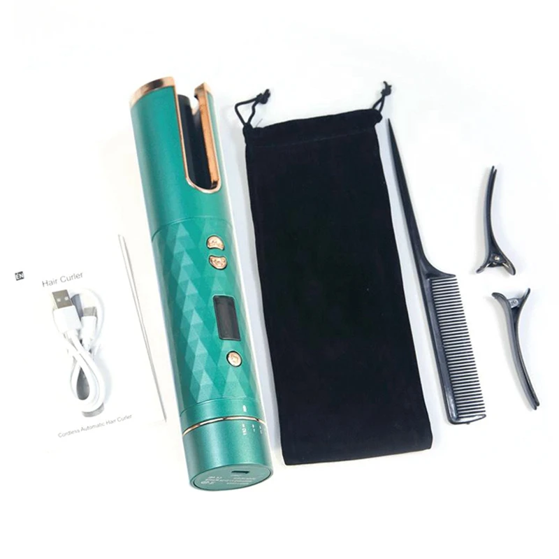 

Cordless Automatic Hair Curler Iron USB Curling Iron LCD Display Wireless Ceramic Rotating Curling Tools Green