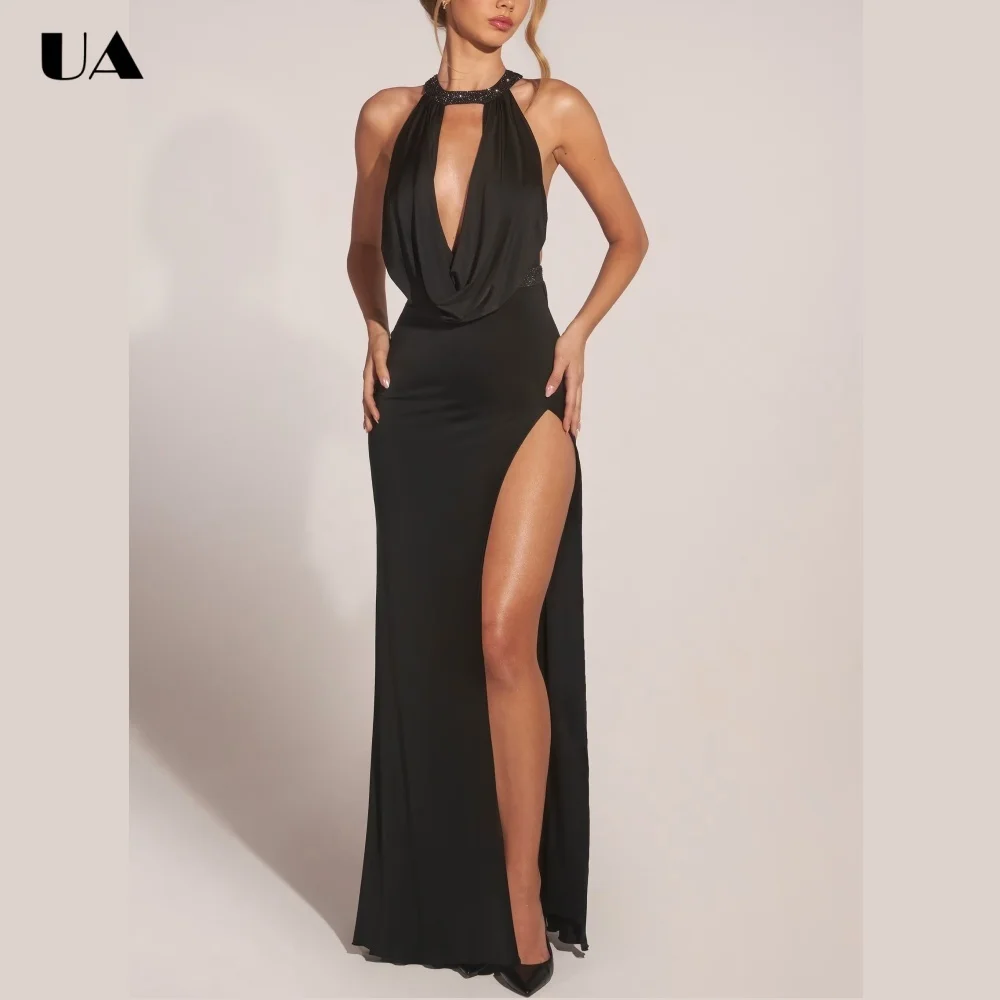 ULBYANRY Glamarous Embellished Sleeveless Prom Dress Sexy Backless Slit Evening Dress Customized Slim Fit Wedding Guest Dress
