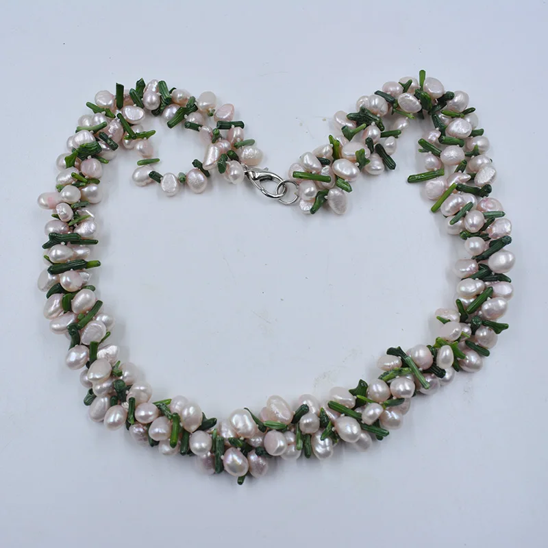 Exquisite! Beautiful 3-strand natural freshwater Baroque pearl and green coral necklace. Charm Ladies Party Jewelry 18”