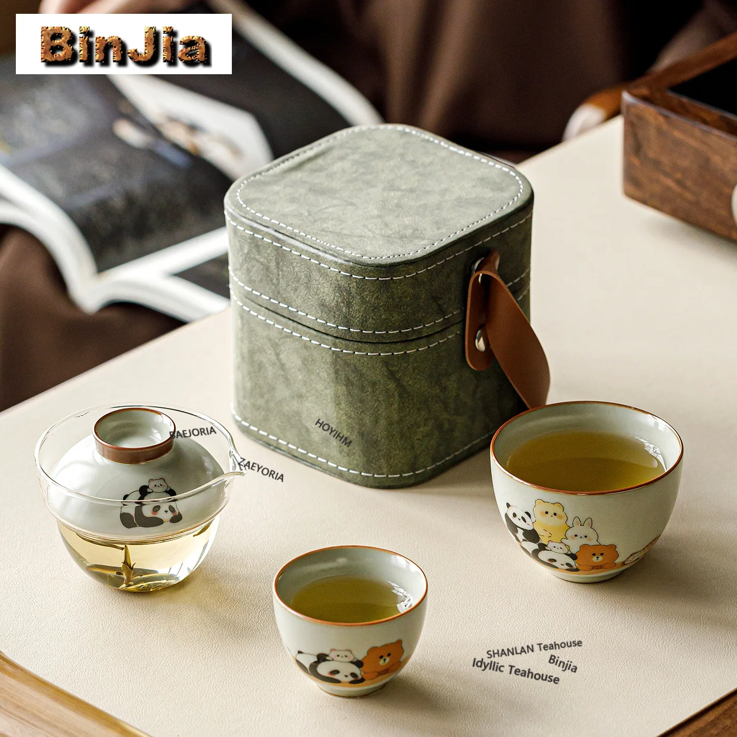 Juego de Té de Viaje Beige Ru Kiln Panda Jenga, Estilo Antiguo, 1 Tazón, 2 Tazas, Organizador de Té, Portátil, para Exteriores, con Bolso y Accesorios