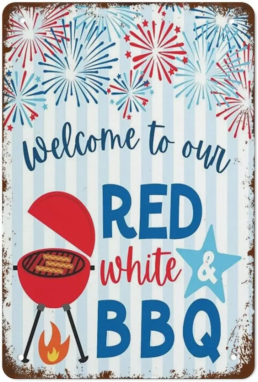 Red White And BBQ Welcome Sign Printable 4th of July Poster Patriotic Barbecue Vintage Tin Sign Metal Sign Retro Wall