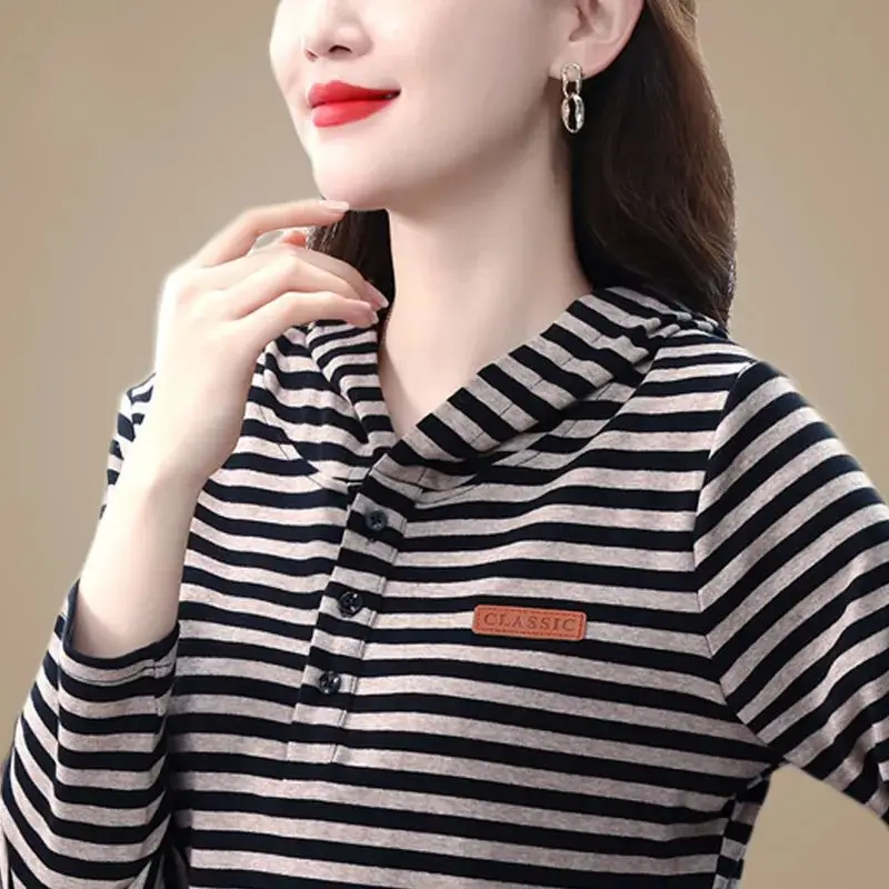 Spring and Autumn Women\'s Long Sleeve T-shirt Pure Cotton Hooded Sweater Black White Stripe Commuter Tees Fashion Loose Tops