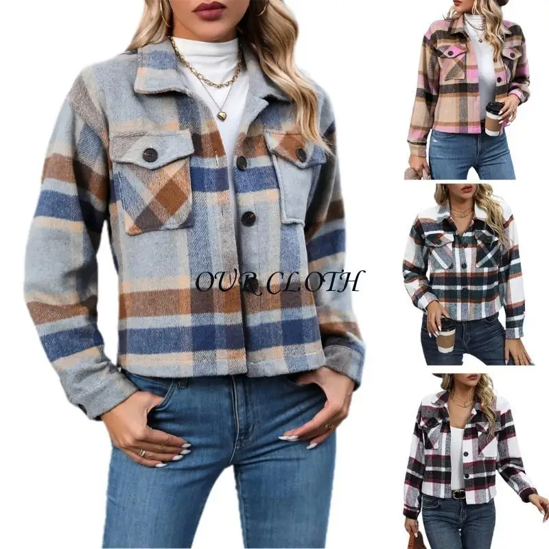 Women's Vintage Loose Shacket Button Down Long Sleeve Plaids Jackets Shirts Coat Y1AC